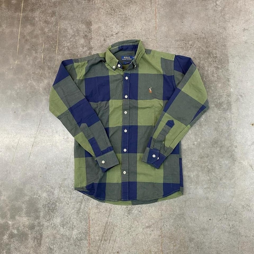 Polo Ralph Lauren Oxford Custom Fit Plaid Button Up Shirt Green Blue Size L - Picture 2 of 6